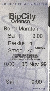 Ticket for the James Bond maraton showing at BioCity Odense 5 November 1999